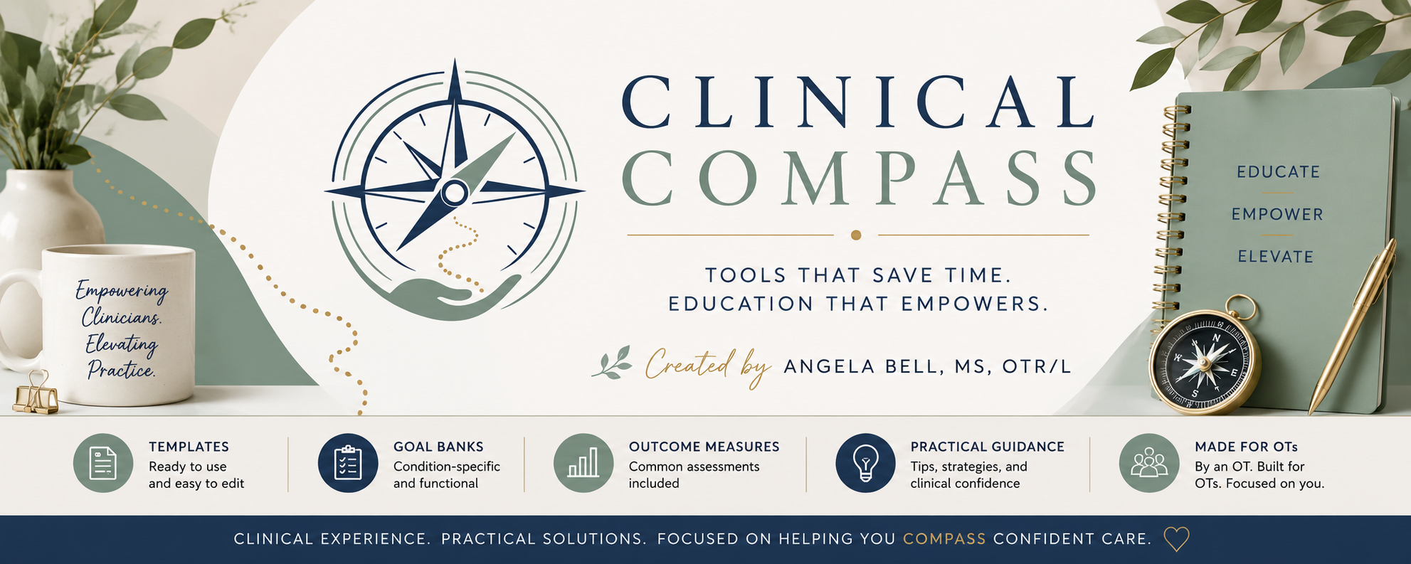 Clinical Compass. Tools that save time. Education that empowers. Created by Angela Bell, MS, OTR/L.